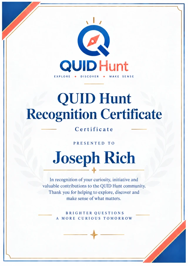 QUID Hunt Recognition Certificate presented to Joseph Rich for contributions to the community